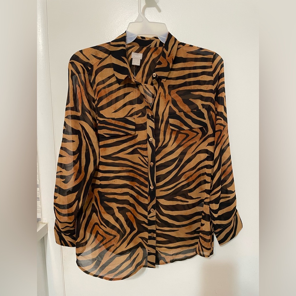 Chico’s 3 Women’s brown black Tiger Print Button up Long Sleeve Chiffon Blouse